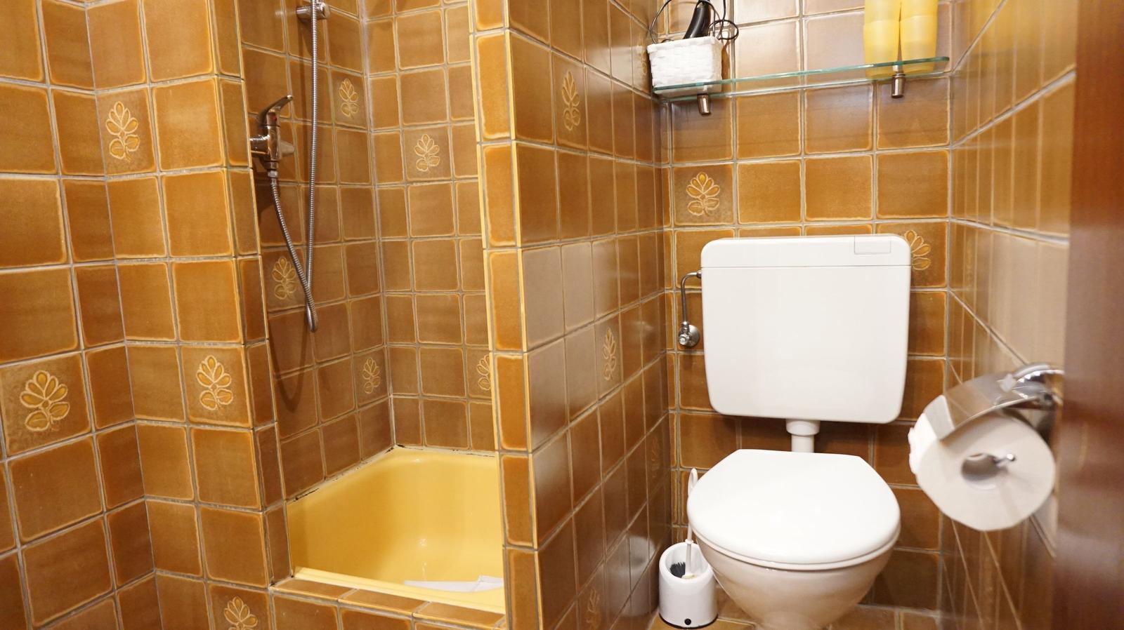 Bad mit Dusche, Toilette und Glasregal an der Wand.