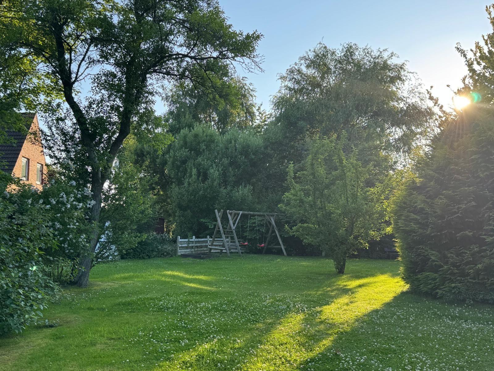 Grüner Garten mit Schaukel und Bäumen im Sonnenlicht.