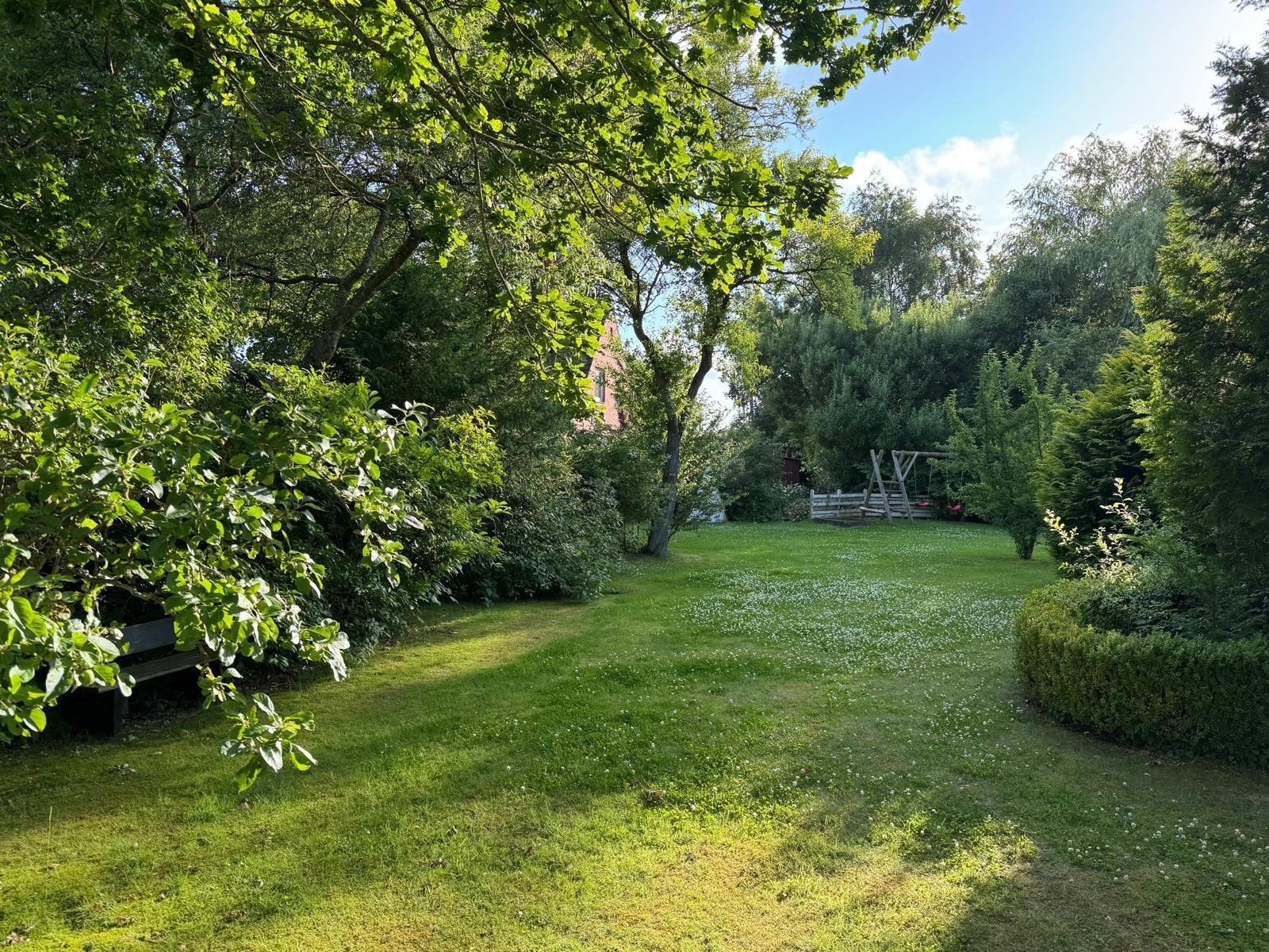 Grüner Garten mit Schaukel und Bank unter Bäumen.