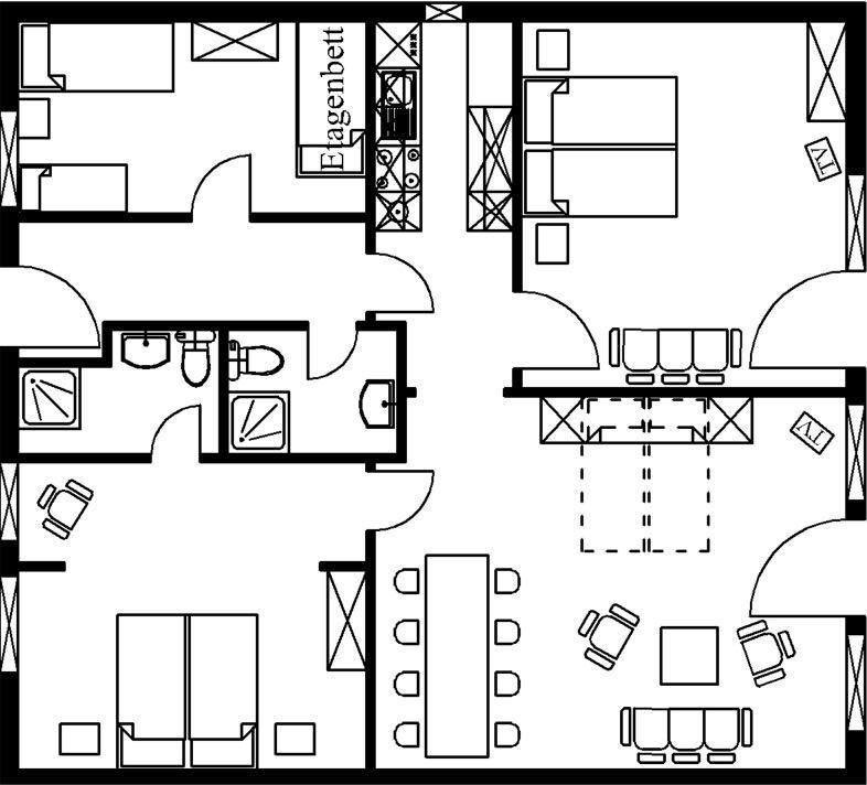 Wohnung mit Küche, Essbereich, Schlafzimmer und Bad.
