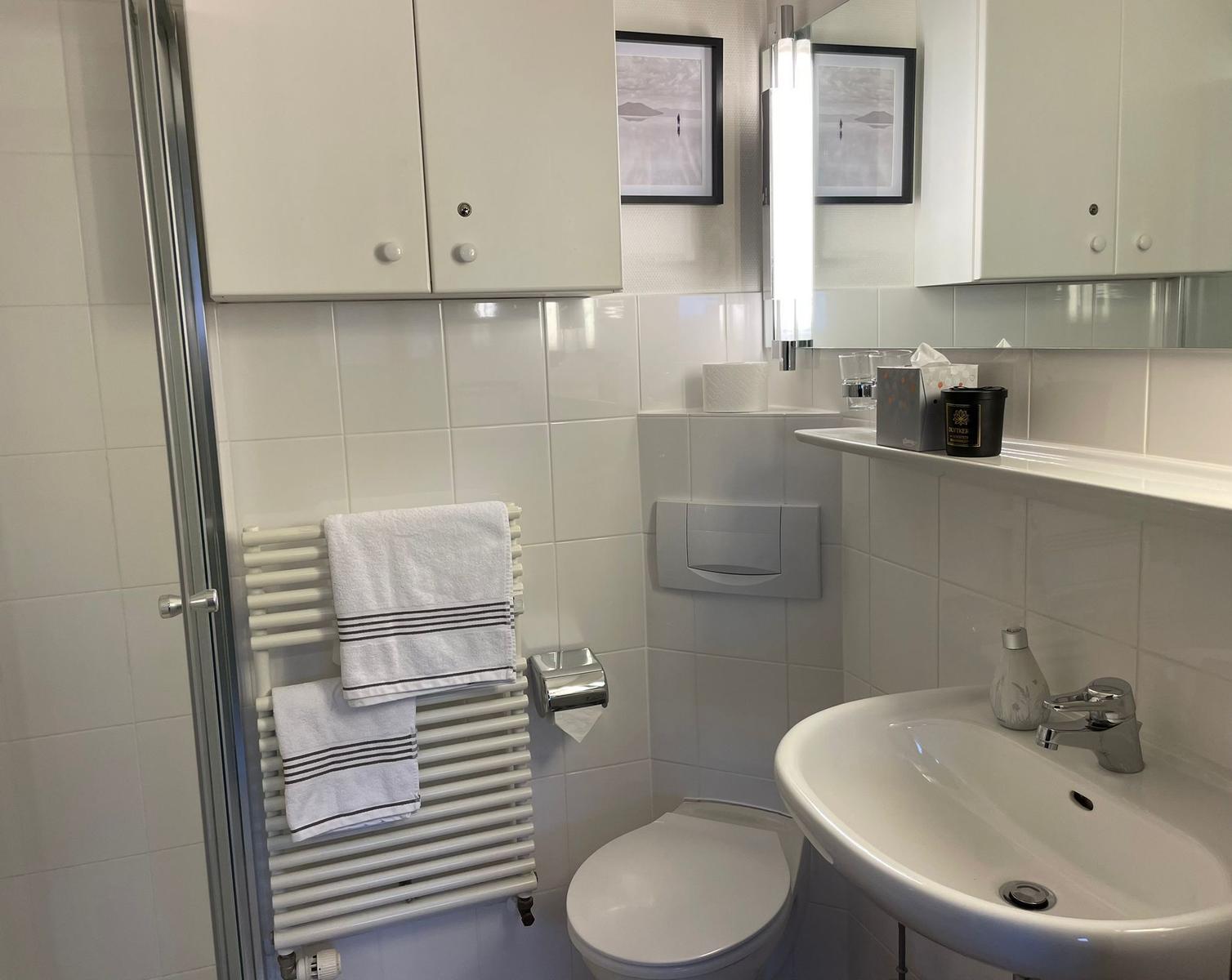 Badezimmer mit Dusche, Waschbecken und Toilette. Weiße Fliesen und Handtücher.