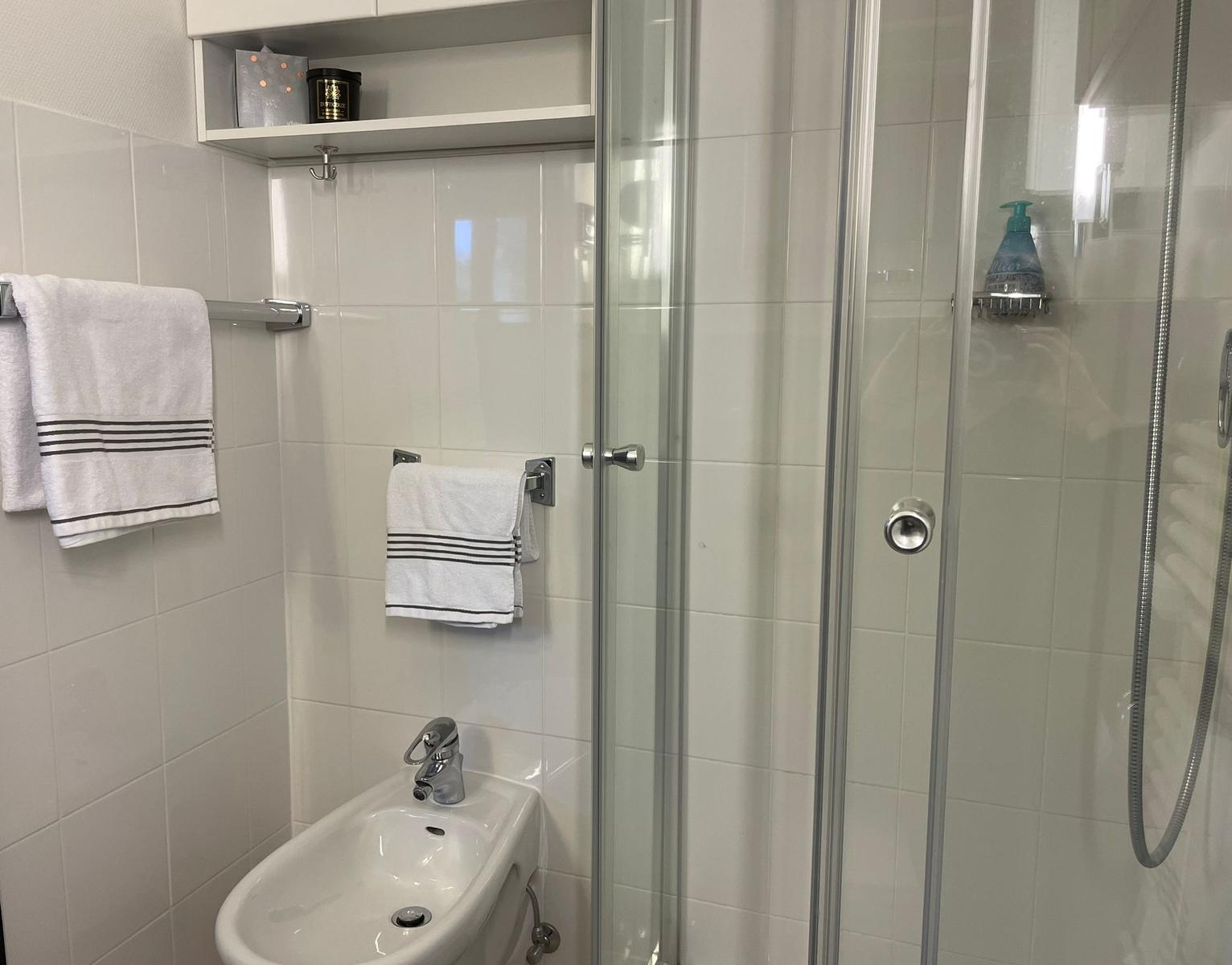 Badezimmer mit Dusche, Bidet und Handtuchhaltern.