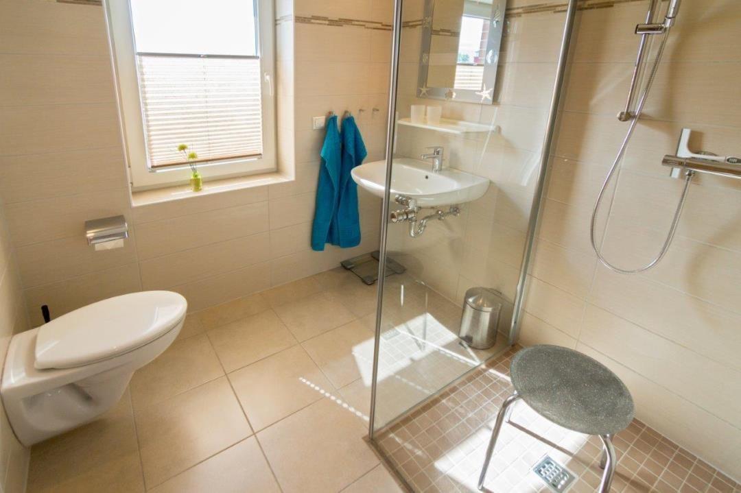 Badezimmer mit Dusche, Waschbecken und Toilette. Blaue Handtücher hängen an der Wand.