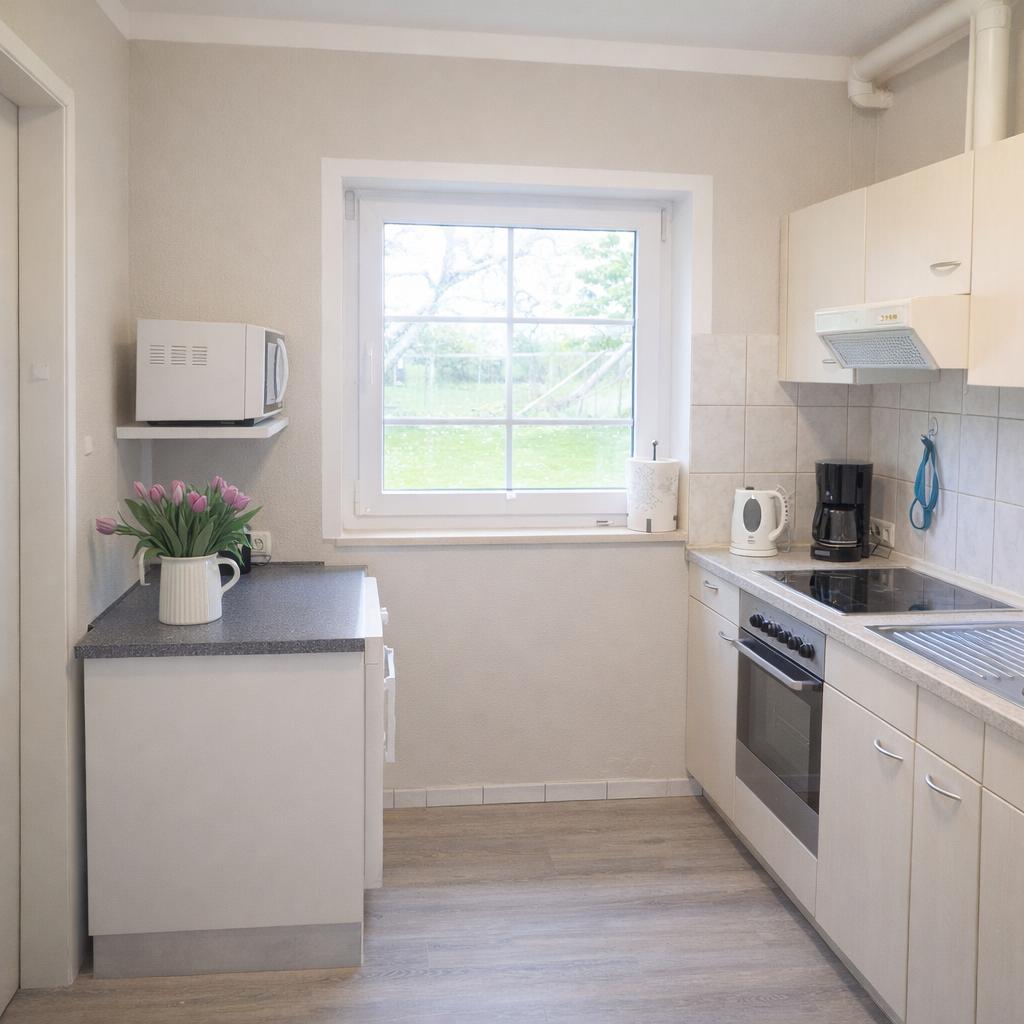Küche mit Fenster, Spüle, Herd und Mikrowelle. Auf der Arbeitsplatte steht eine Tulpenblume.