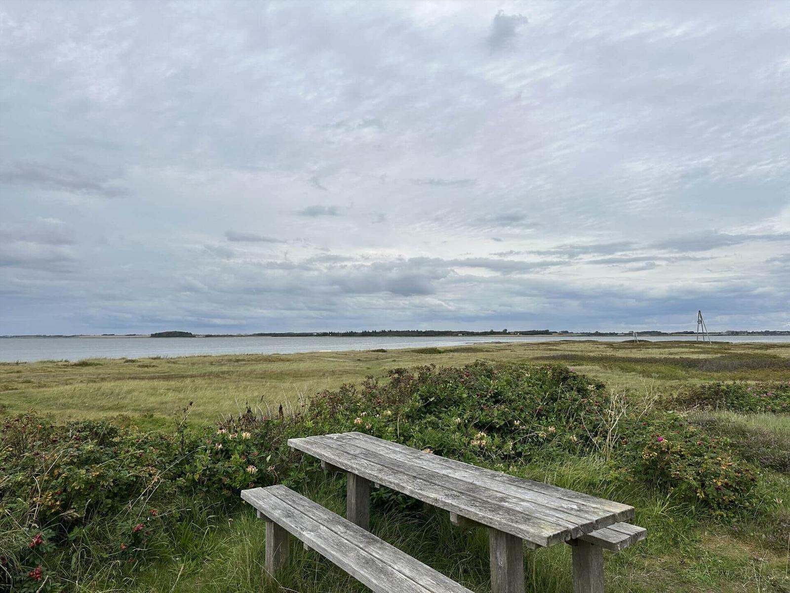 Holztisch und Bänke stehen im Gras am Wasser. Himmel ist bewölkt.