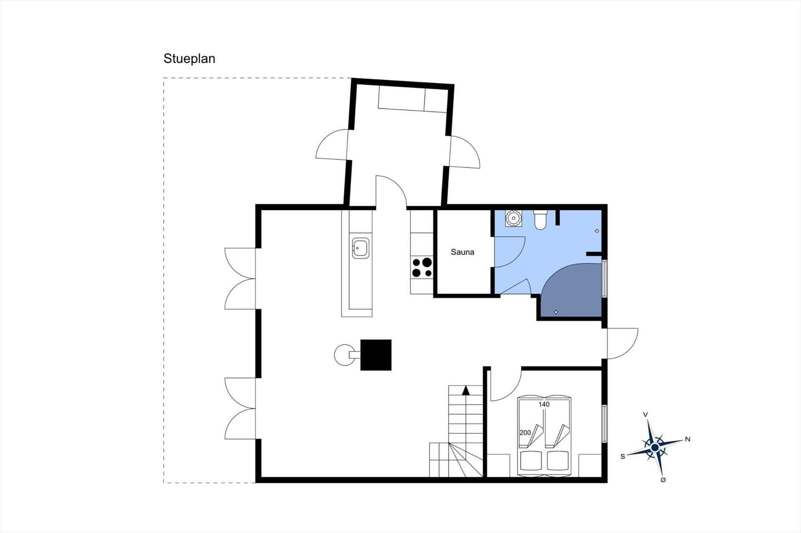 Floor plan shows kitchen, sauna, and bedrooms with stairs.