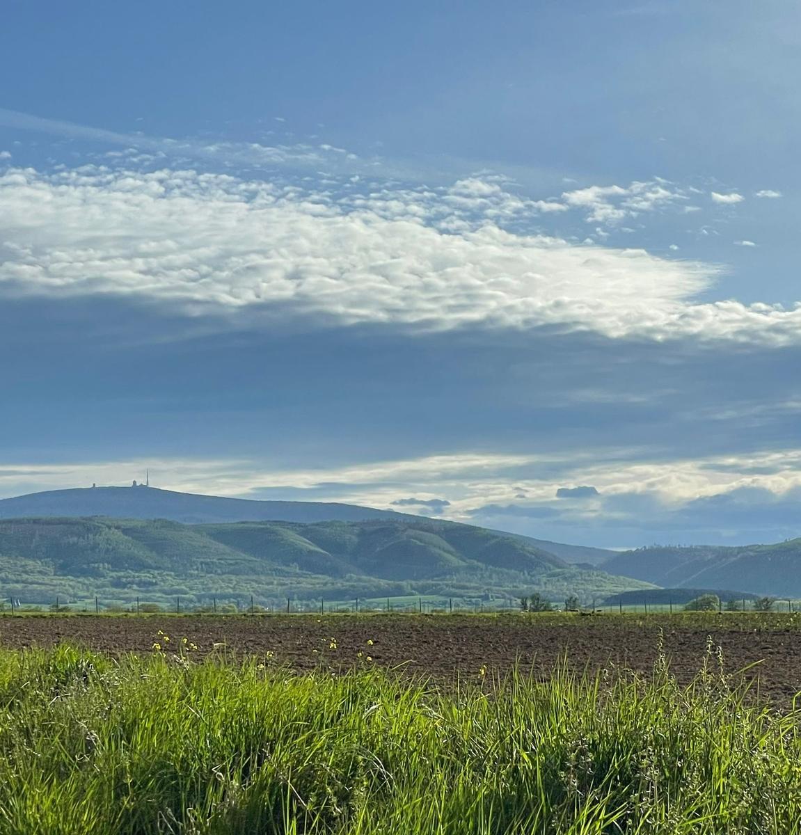 Weitläufige Landschaft mit grünen Hügeln und blauem Himmel mit weißen Wolken.