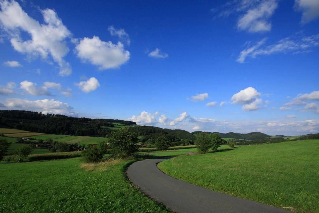 Eine asphaltierte Straße schlängelt sich durch grüne Wiesen unter einem blauen Himmel mit weißen Wolken.