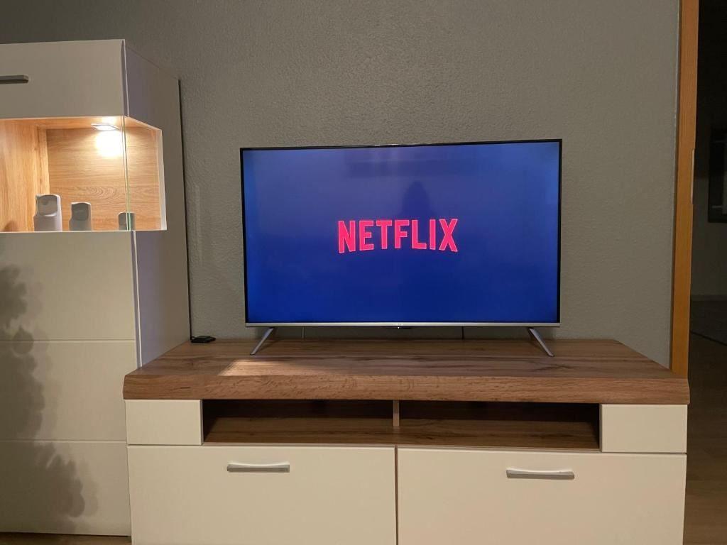 Flachbildfernseher auf Holz-TV-Möbel mit Netflix-Anzeige
