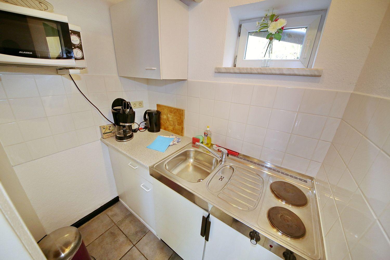 Küche mit Spüle, Herd, Mikrowelle und Fenster mit Blumen.