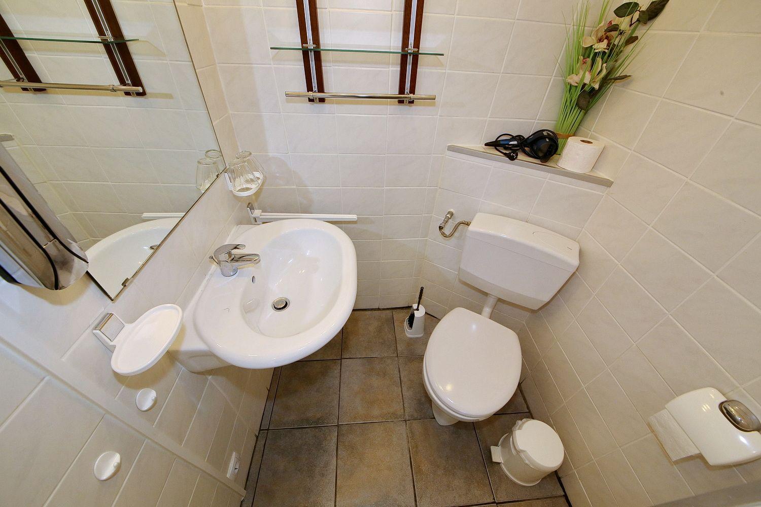 Badezimmer mit Waschbecken, Toilette und Spiegel.