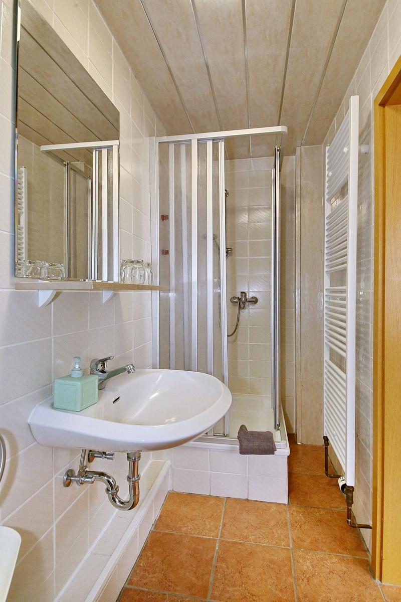 Badezimmer mit Dusche, Waschbecken und Heizung.