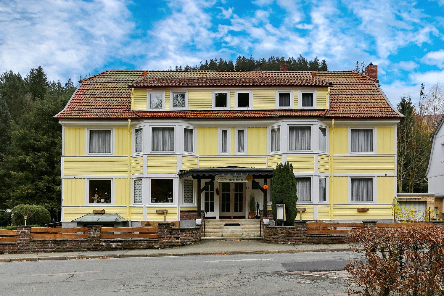 Gelbes Haus mit rotem Dach und Fenstern. Eingang mit Säulen und Treppe.