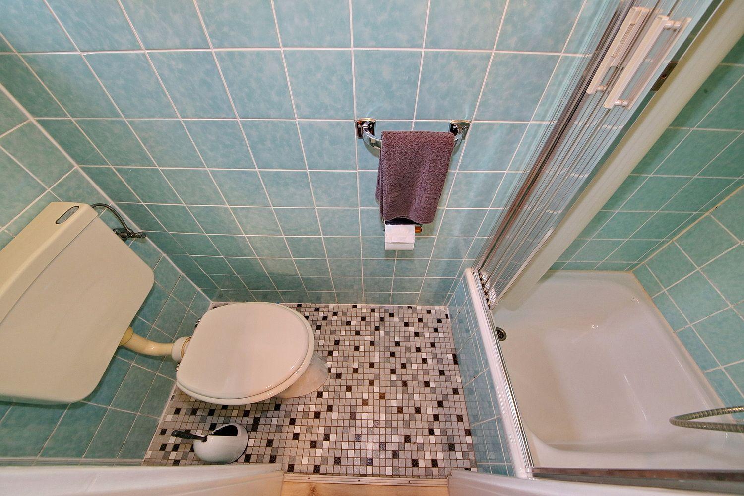 Badezimmer mit Toilette, Dusche und Mosaikboden