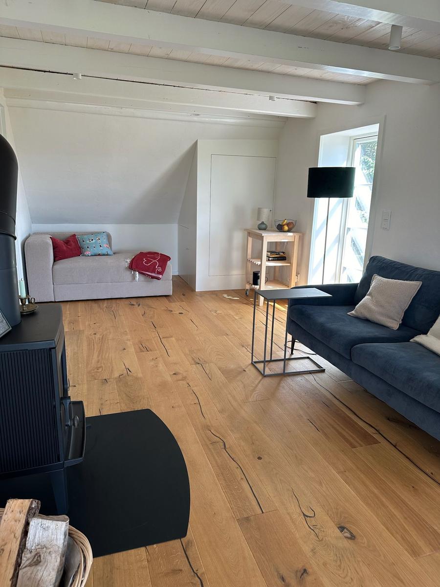Wohnzimmer mit Holzboden, Sofa und Kamin