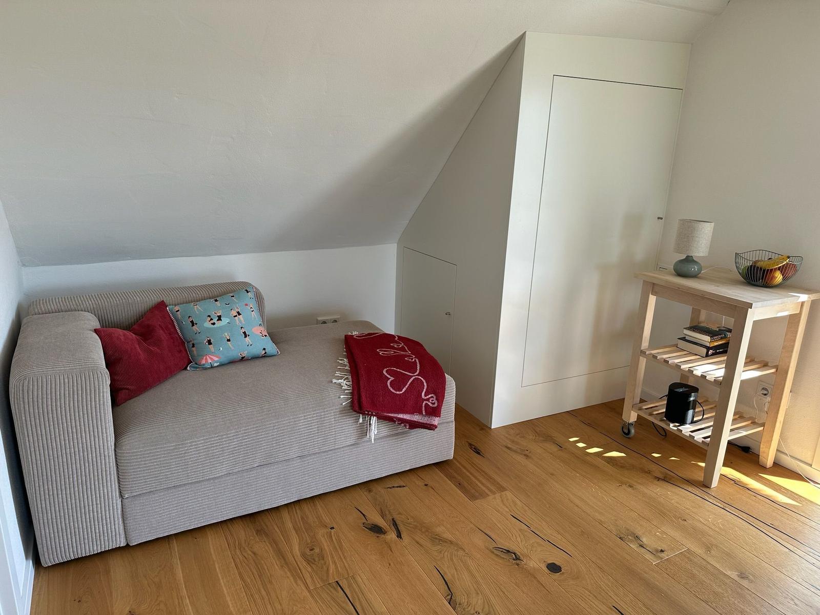 Ein Schlafzimmer mit Sofa, Kleiderschrank und Holzboden.