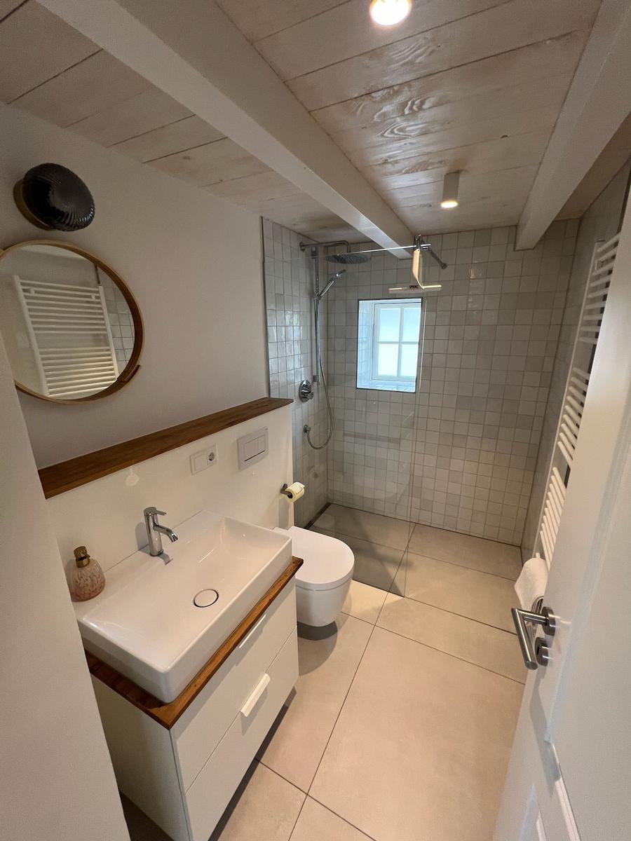 Badezimmer mit Dusche, Waschbecken und Toilette. Holzdecke und Spiegel.