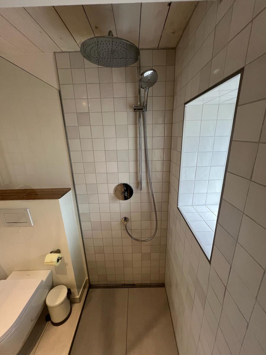 Duschkabine mit Duschbrause, Fenster und Toilette