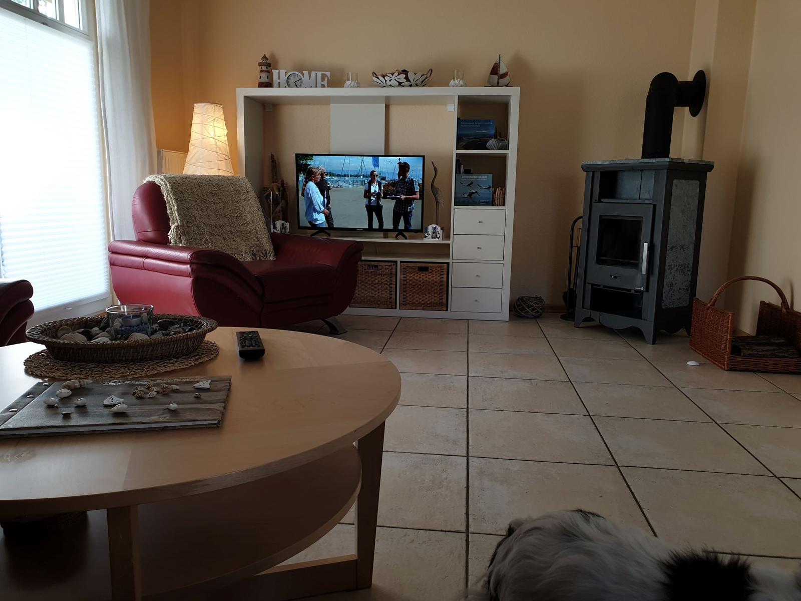 Wohnzimmer mit rotem Sessel, TV und Kaminofen. Tisch mit Schale und Fernbedienung.