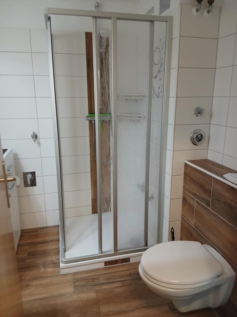 Bad mit Dusche, Toilette und Holzfußboden