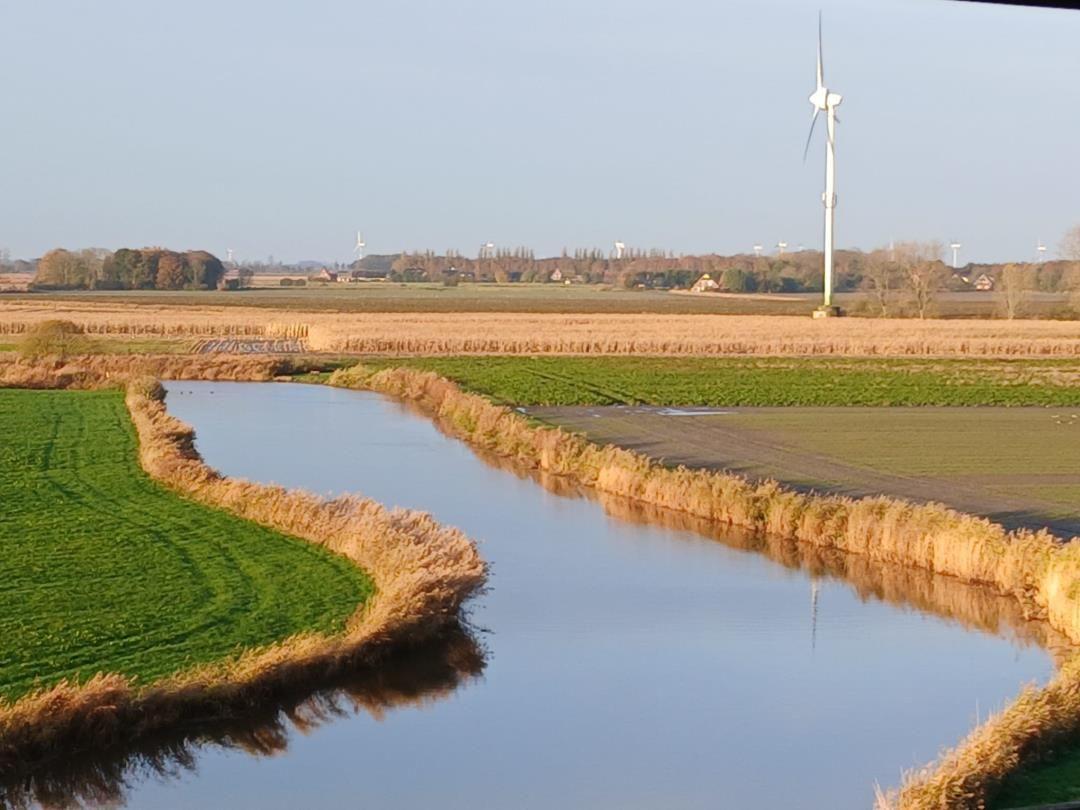 Fluss durch Felder mit Windrad im Hintergrund