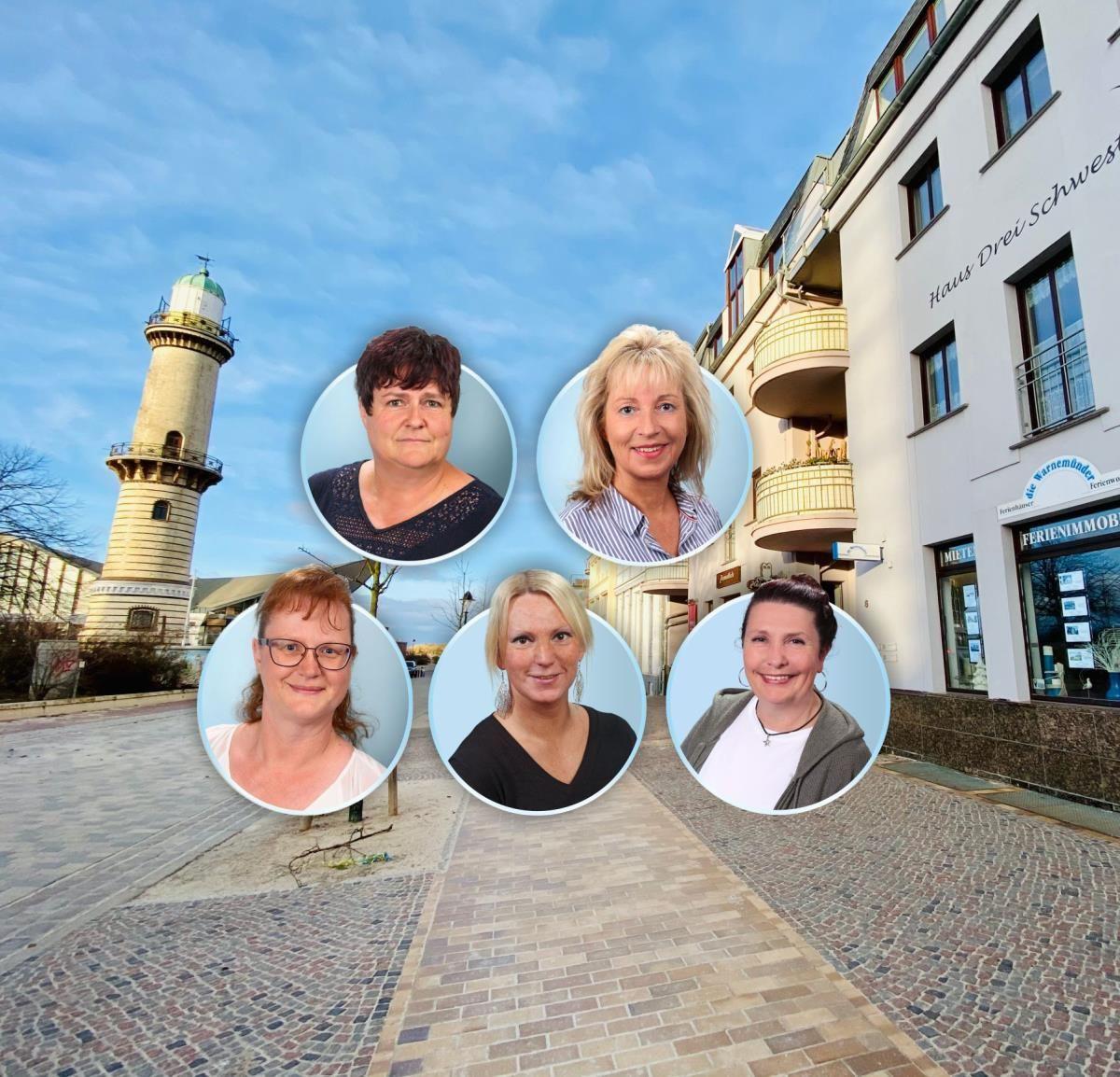 Ferienhaus mit Leuchtturm und fünf Personenporträts