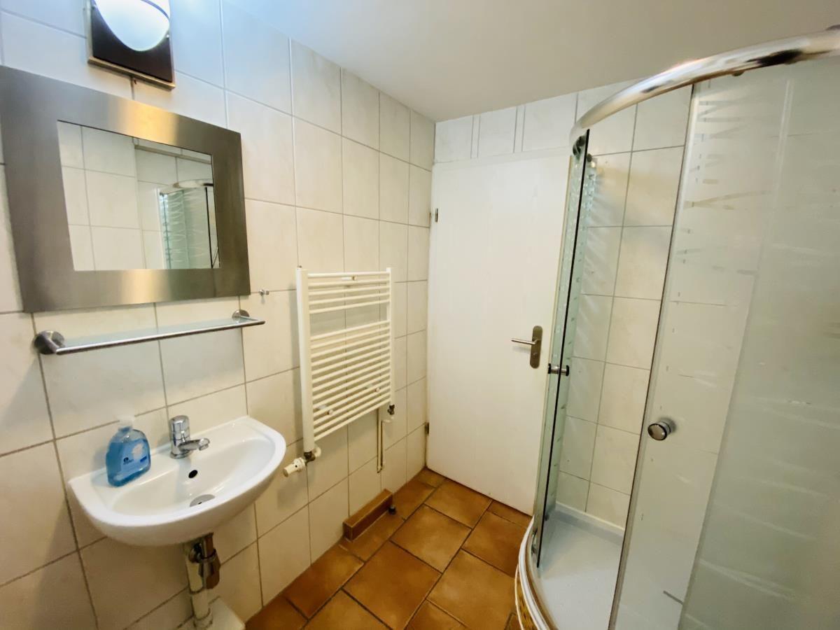 Badezimmer mit Dusche, Waschbecken und Spiegel an der Wand.