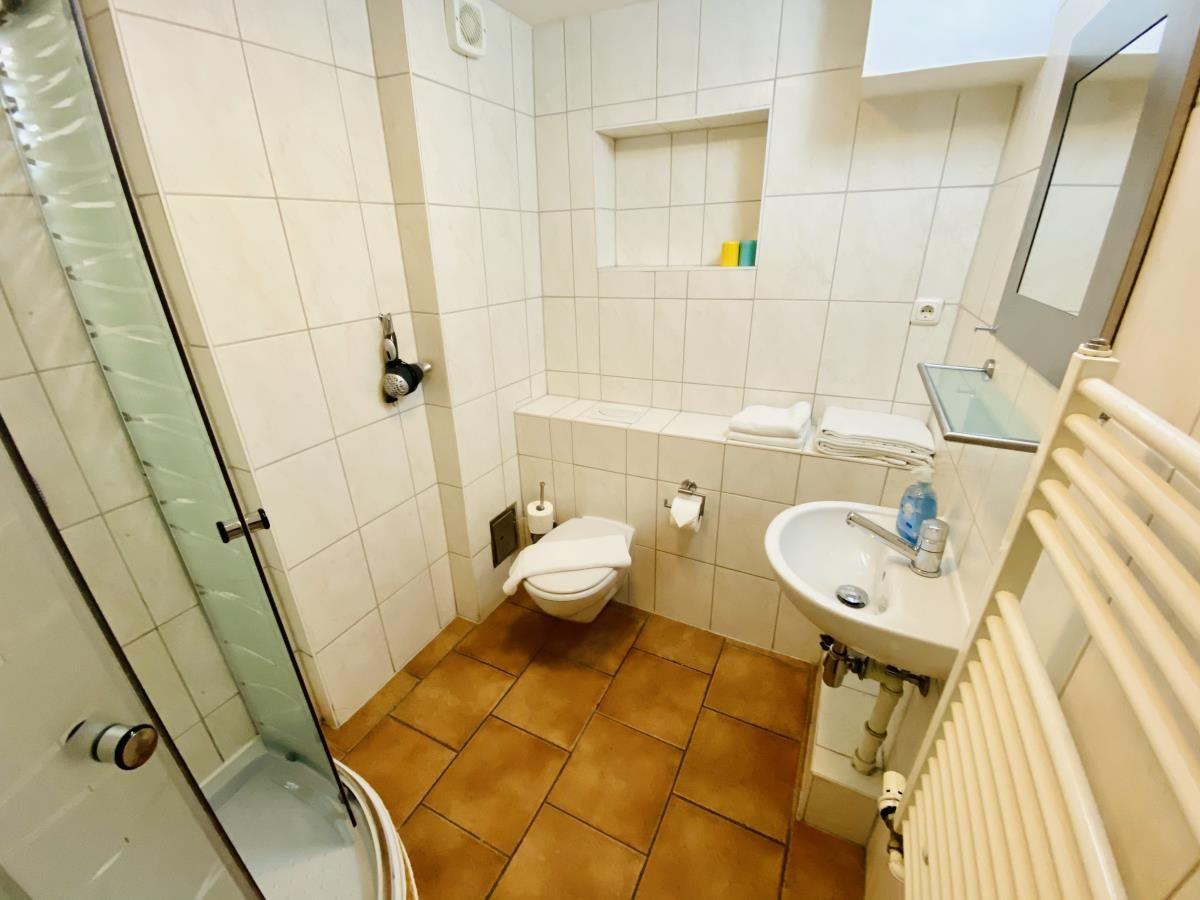 Badezimmer mit Dusche, Toilette und Waschbecken.