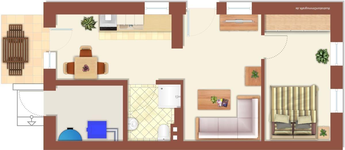 Dieses Apartment hat eine Küche, ein Esszimmer, ein Bad und ein Schlafzimmer.