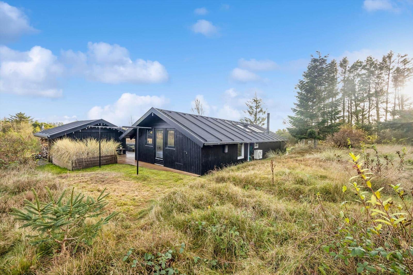 Two black wooden houses with roof terrace and garden in the woods