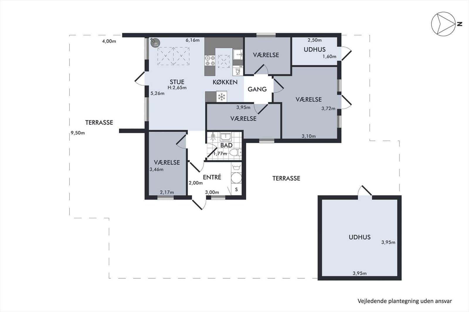 Apartment with kitchen, three bedrooms, bathroom and terrace. Two garden sheds.