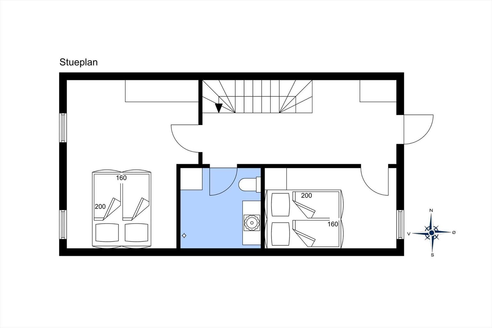 Floor plan shows living and sleeping areas with kitchen and stairs.