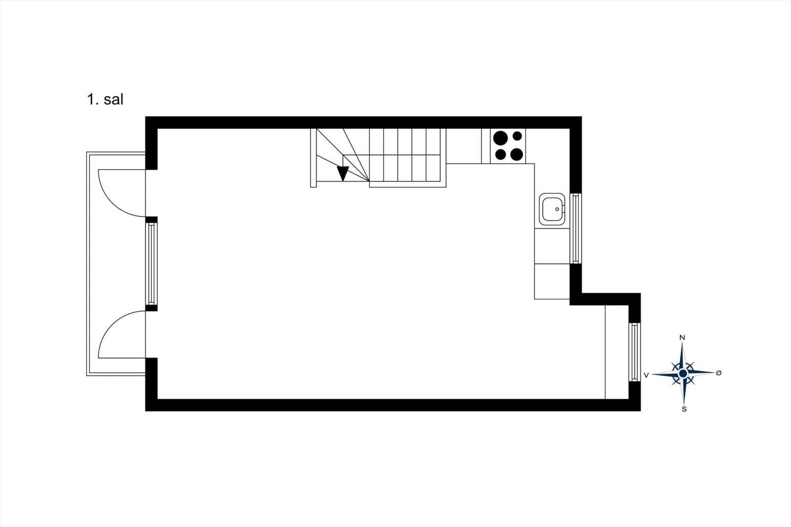 First floor with kitchen, bathroom, and stairs to next level.