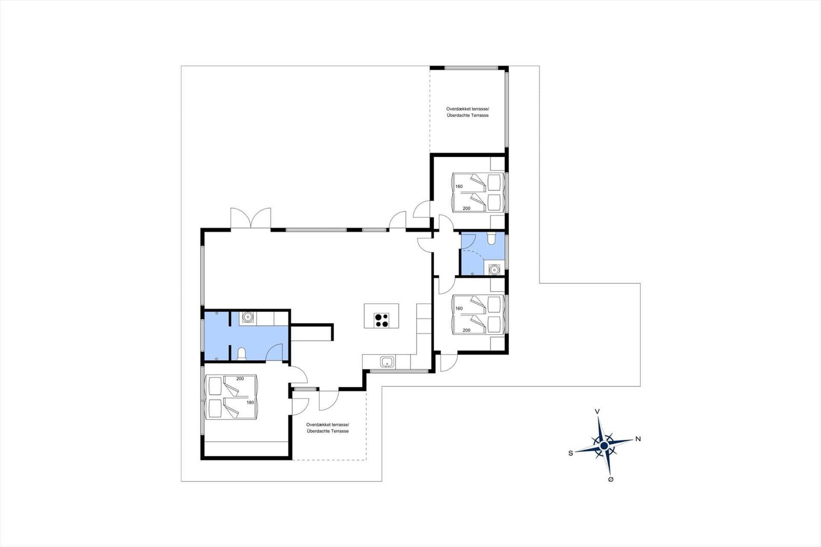 Functional floor plan with three bedrooms and two covered terraces.