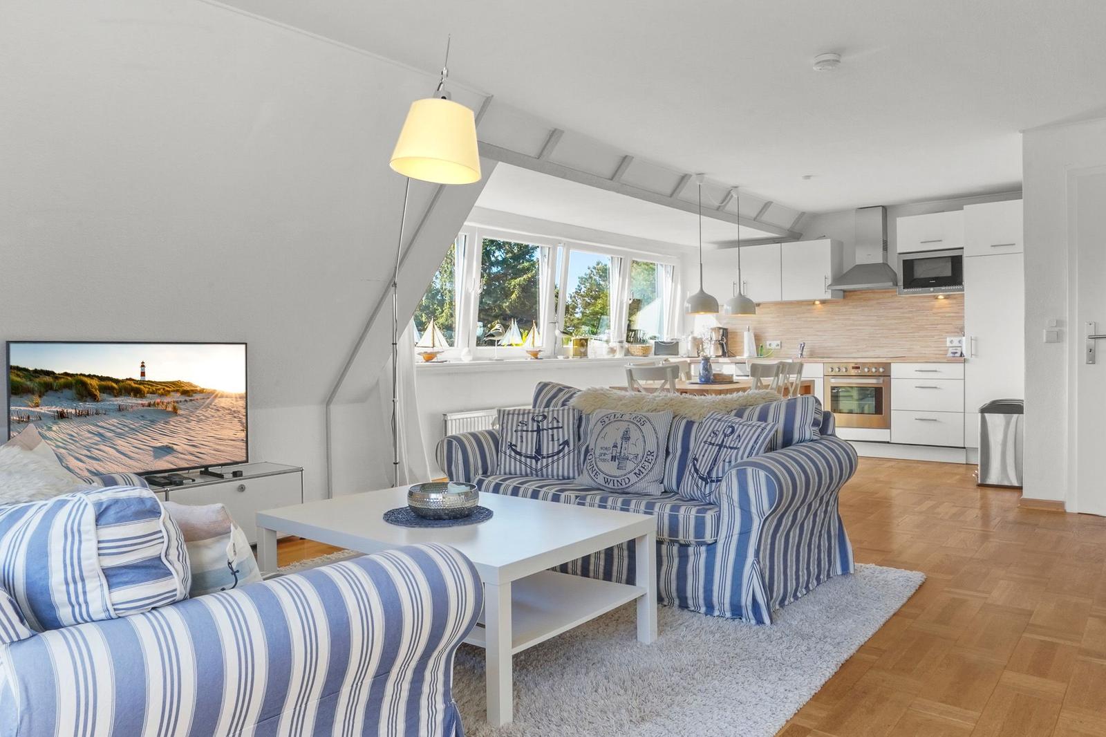 Wohn- und Küchenbereich mit Sofa, TV und Fensterblick.