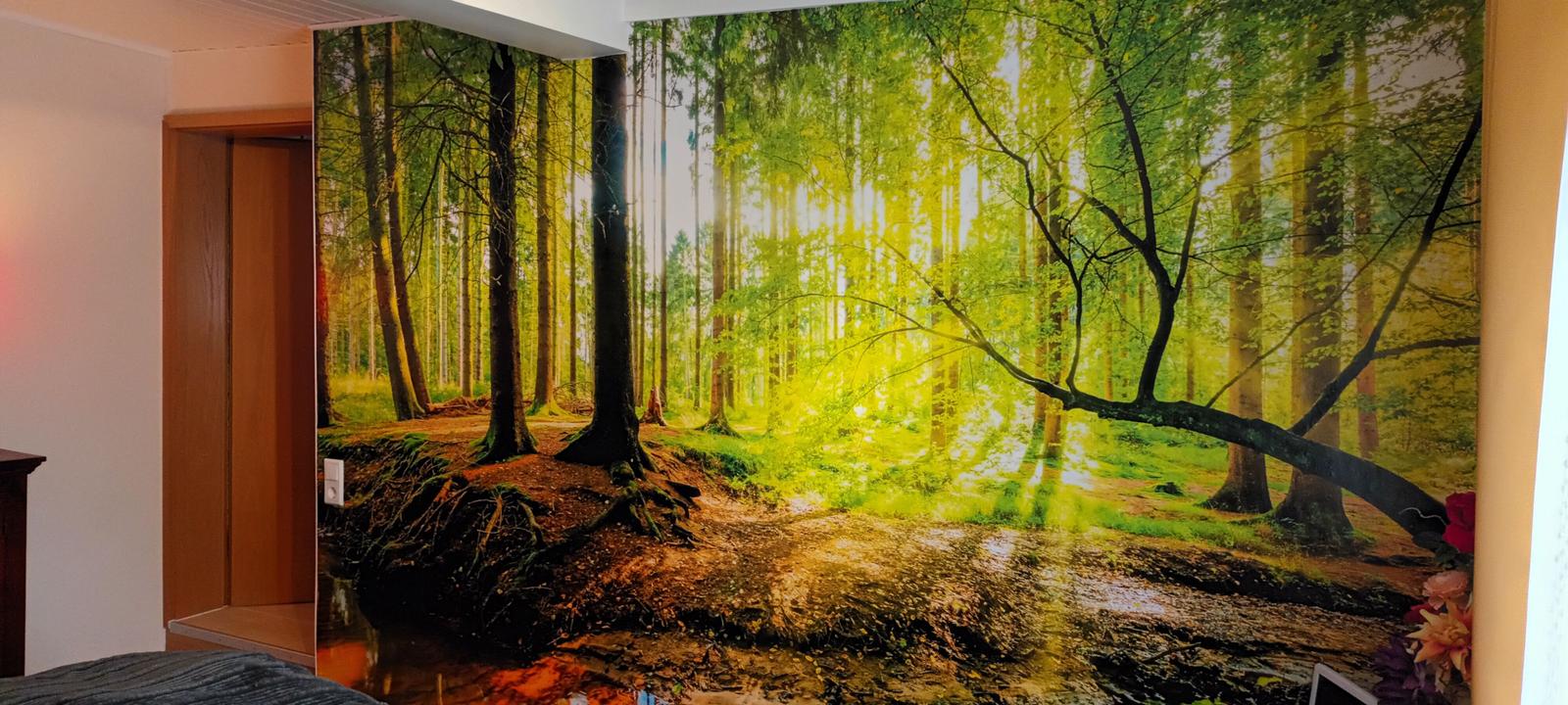 Wand mit Waldmotiv, Tür und Bett sichtbar