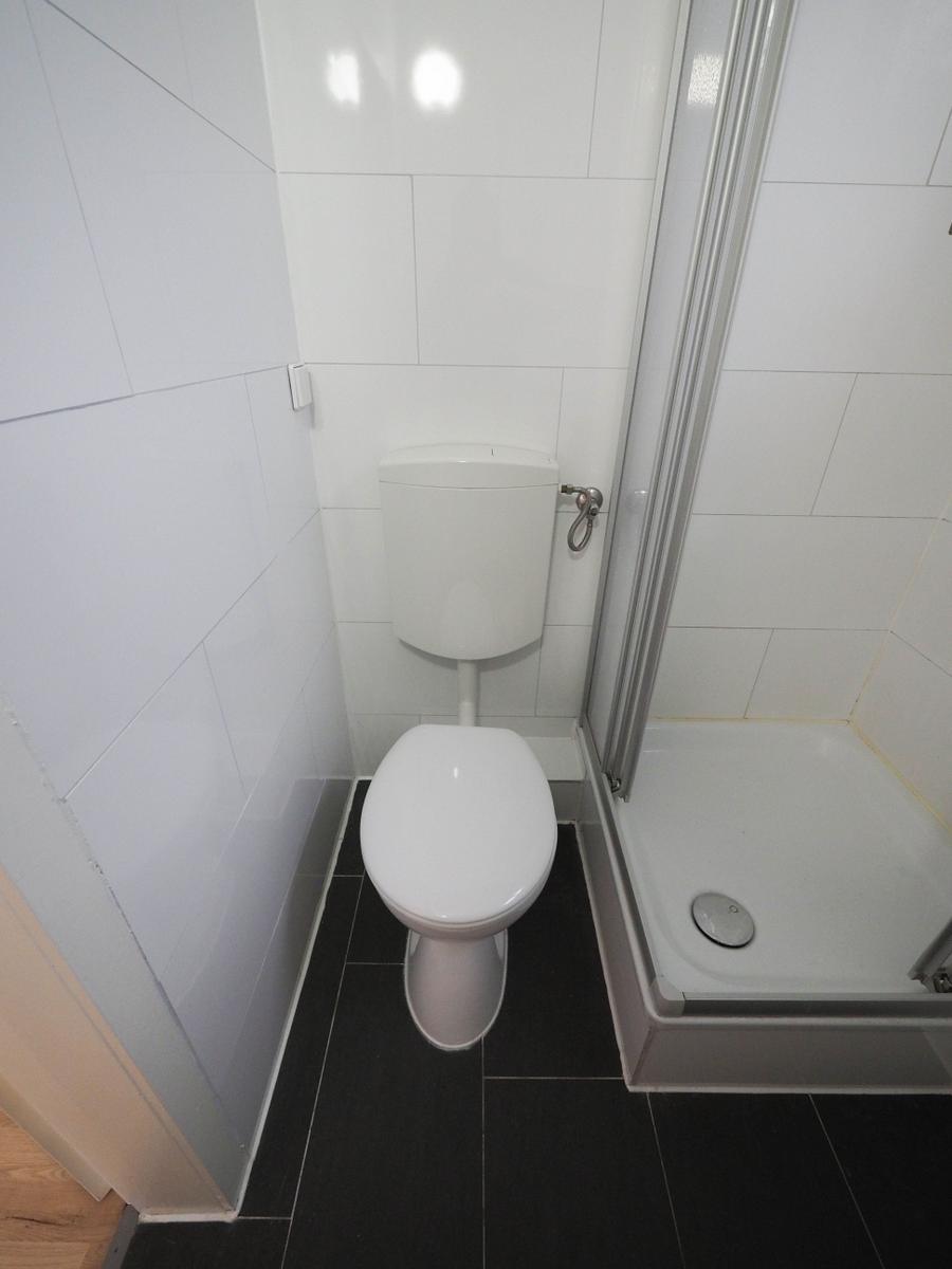 Badezimmer mit Toilette und Dusche, weiße Wände, schwarze Bodenfliesen.