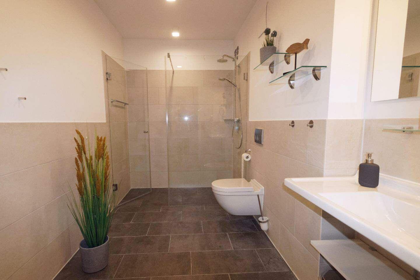 Bad mit Dusche, WC und Waschbecken. Pflanze und Glasregale sind sichtbar.
