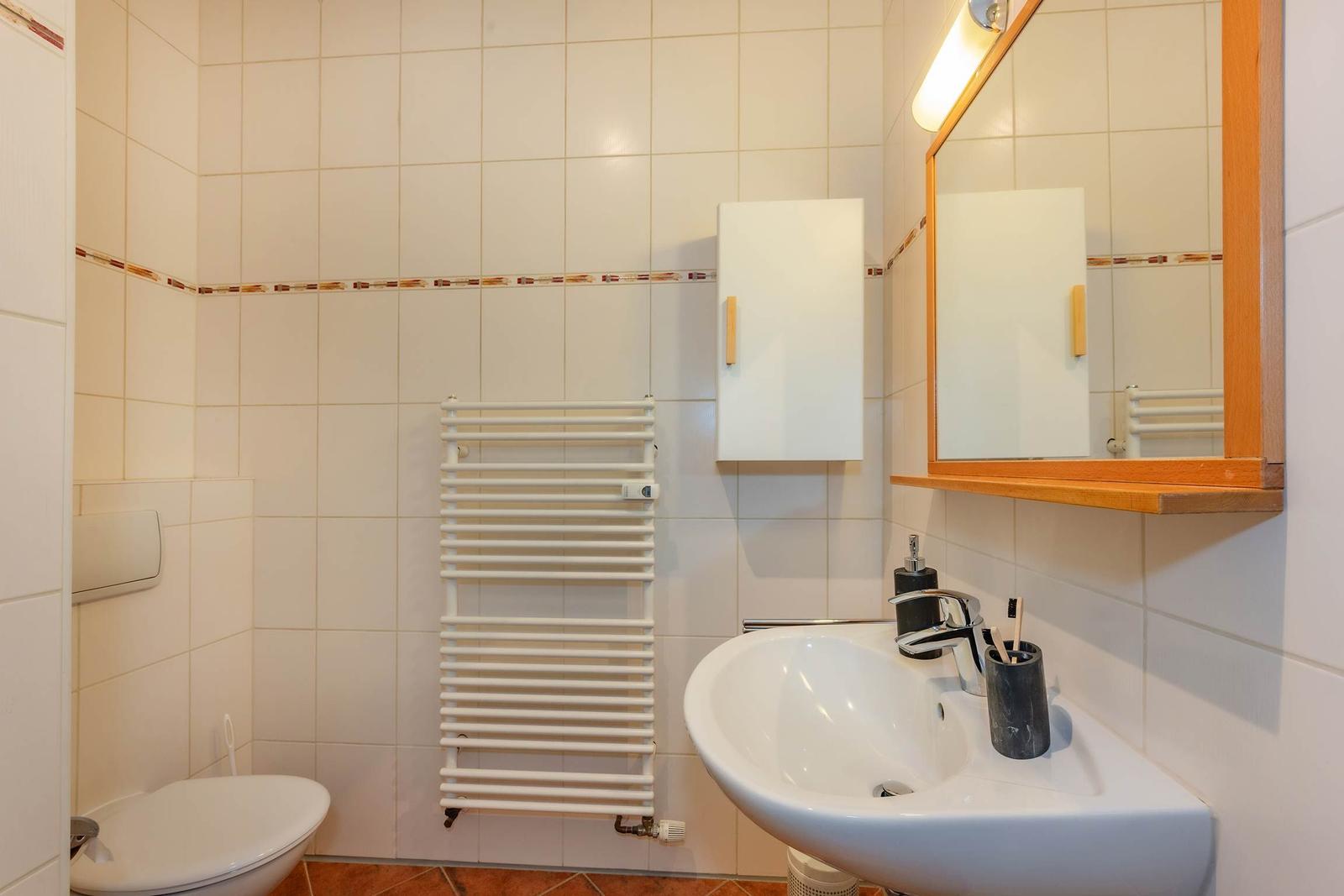Badezimmer mit Waschbecken, Spiegel, Toilette und Heizkörper.