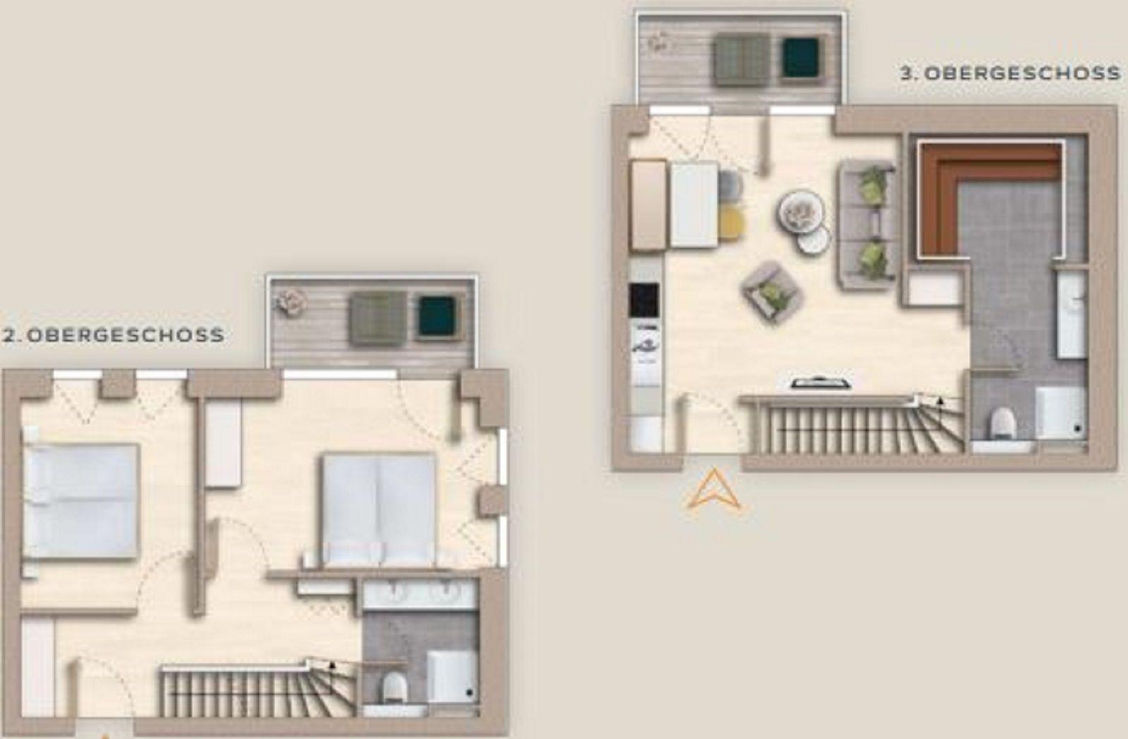 Zweite Etage mit Schlafzimmer und Bad. Dritte Etage mit Wohnbereich und Bad.