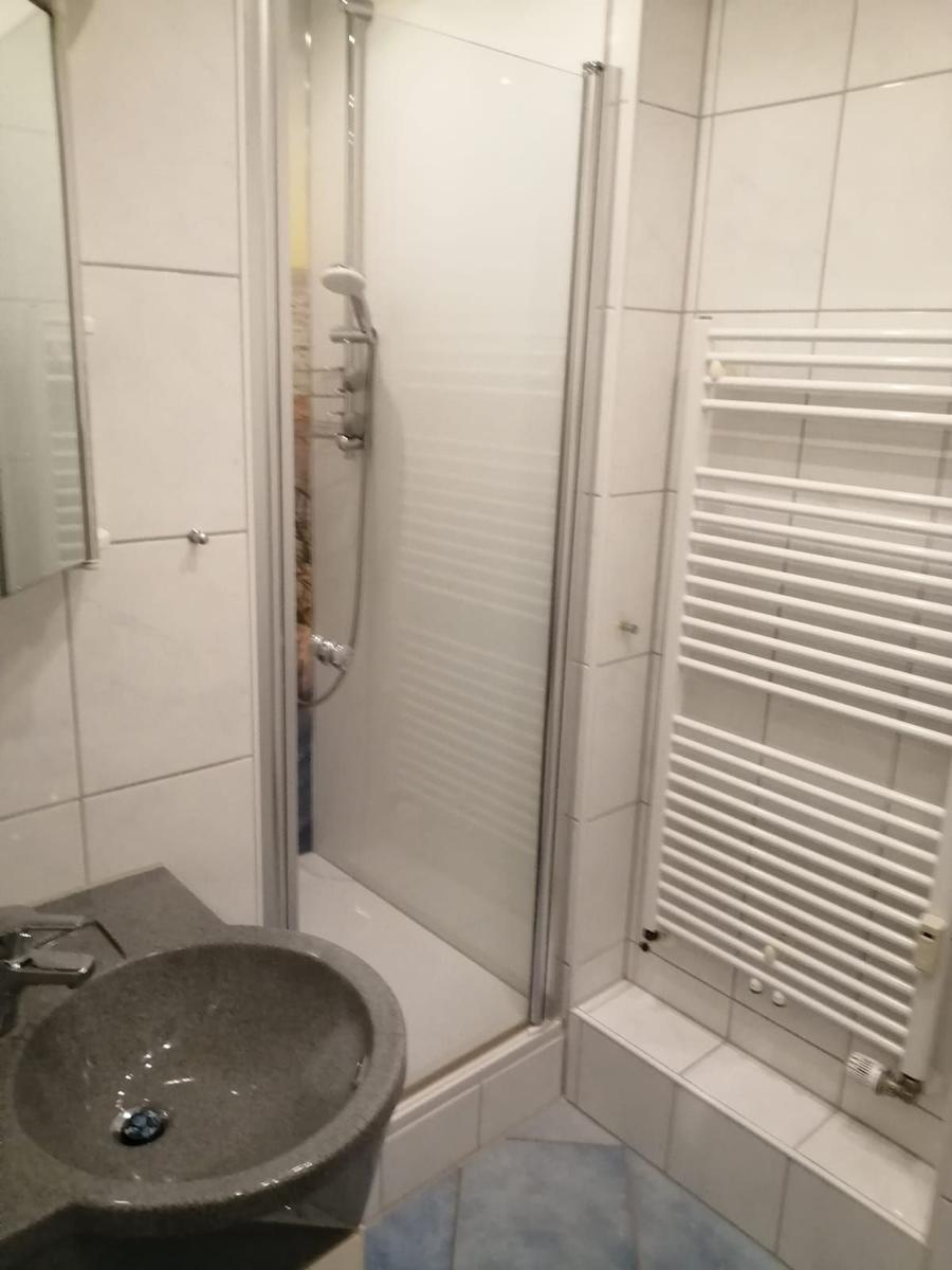 Badezimmer mit Dusche, Waschbecken und Heizkörper