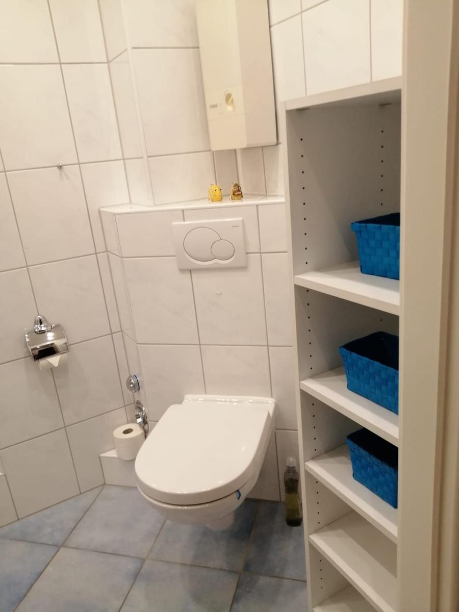 Badezimmer mit Toilette, Regal und Toilettenpapierhalter.