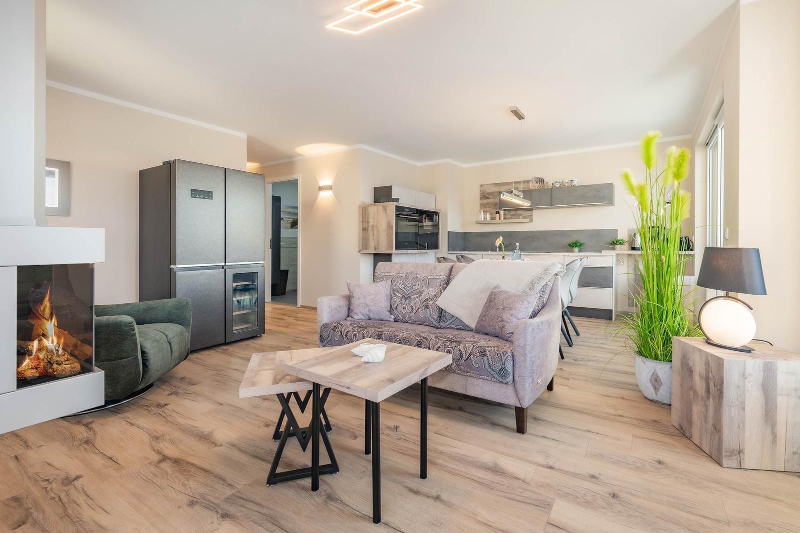 Wohn- und Küchenbereich mit Kamin, Sofa und Küchenzeile.