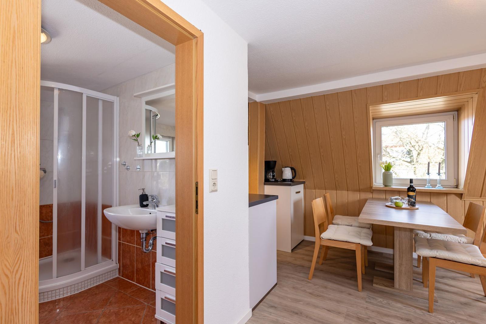 Badezimmer mit Dusche und Waschbecken. Essbereich mit Tisch, Stühlen und Fenster.