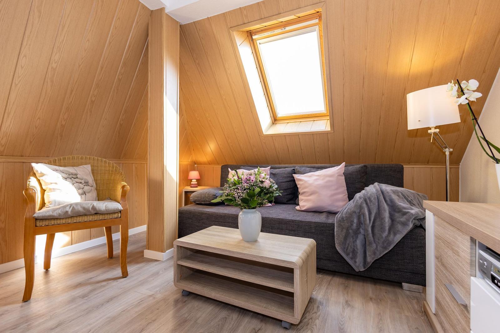 Wohnzimmer mit Sofa, Sessel und Dachfenster. Holzwände und Boden.