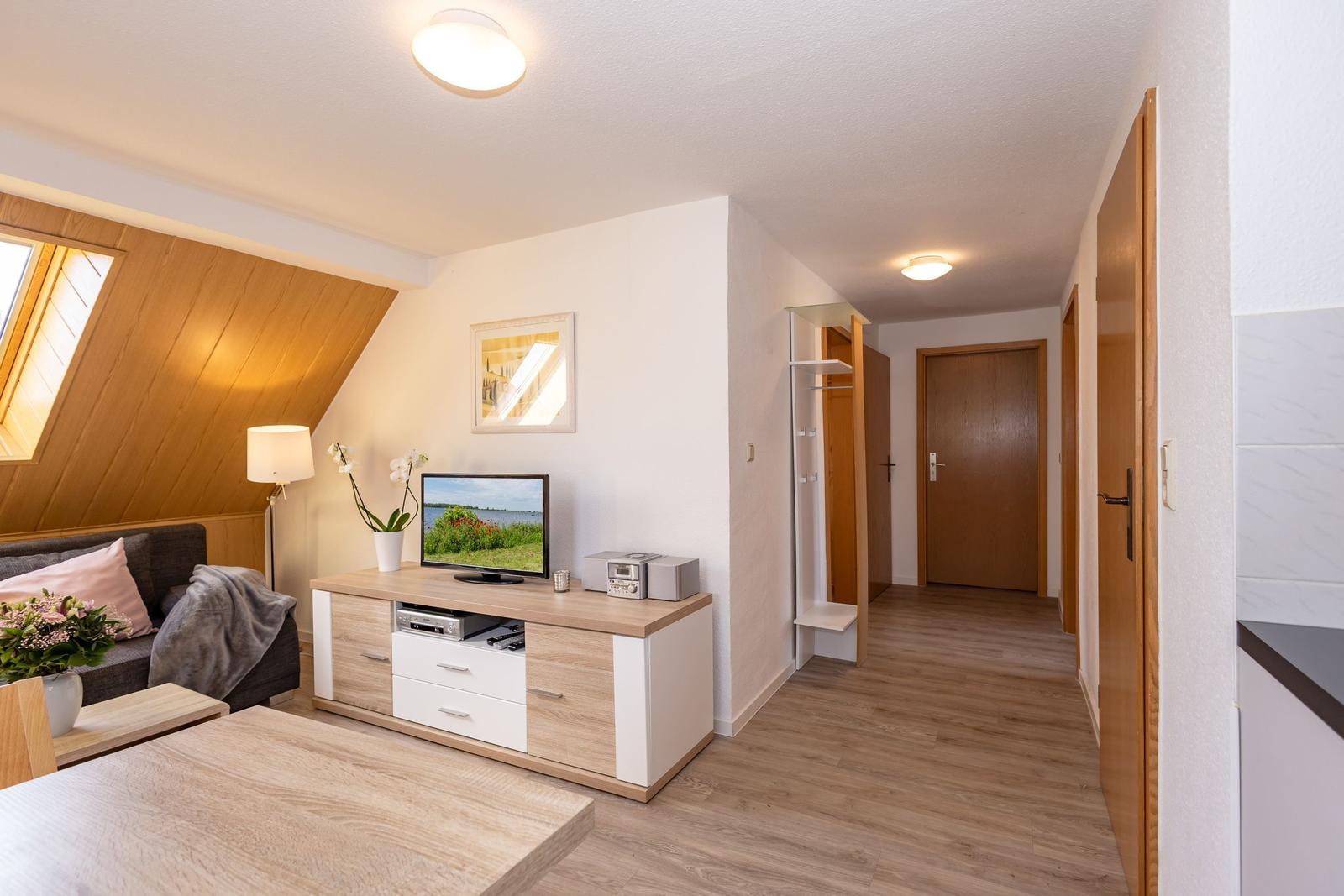Wohnzimmer mit Sofa, Fernseher und Schlafzimmer im Hintergrund.
