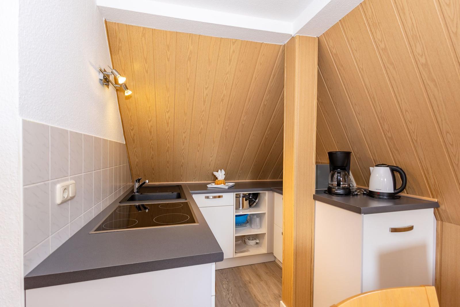 Küche mit Induktionskochfeld, Spüle und Küchenzeile unter schrägen Holzwänden.