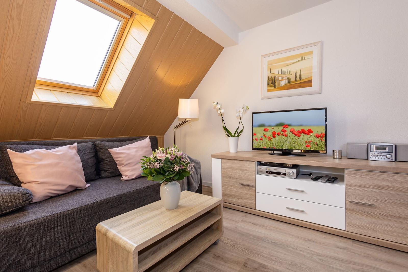 Wohnzimmer mit Sofa, Fernseher und Dachfenster.