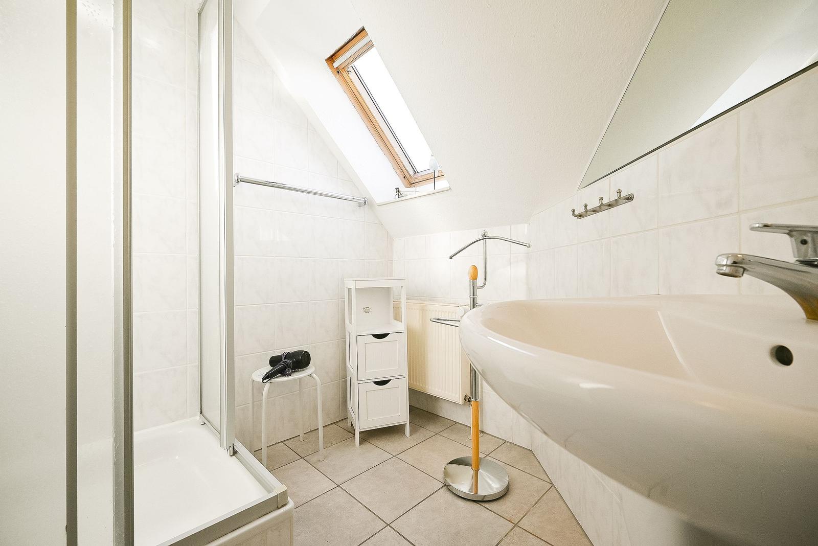 Badezimmer mit Dusche, Waschbecken und Dachfenster