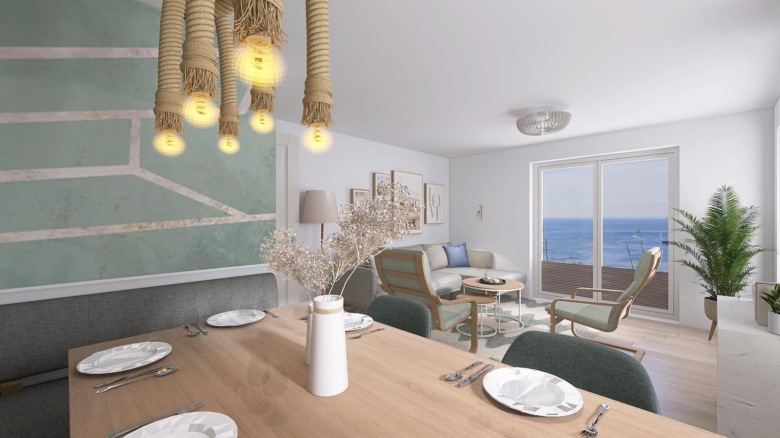 Essbereich mit Blick aufs Meer und Wohnbereich mit Sitzgelegenheiten.